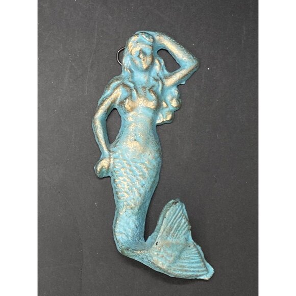 Grotto Beach Decor Coat Hat Wall Hook Cast Iron Mermaid Blue Patina 6” - Picture 5 of 5